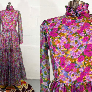 Vintage Pink Floral Maxi Dress Hostess Gown Mod 60s Fashion Long Sleeves Mockneck Twiggy Dopamine Dressing Prom Wedding 1960s Small XS 