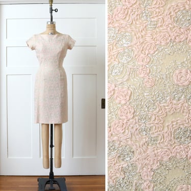 vintage 1950s ~ 1960s pink & silver wiggle dress • tailored cocktail dress in lightweight wool and lurex yarn 