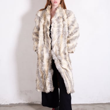Vintage 1970s Gray + Cream Striped Long Faux Fur Coat 70s Arctic Fox Fluffy Penny Lane Shearling Plush 