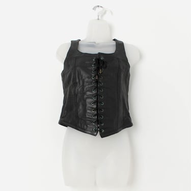 80s vintage black leather lace up vest with zip up back - Medium 