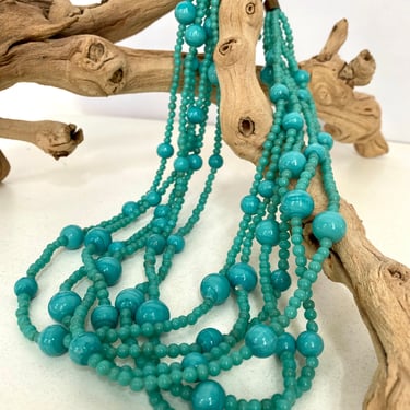 Vintage Turquoise Glass Bead Necklace | Retro Beaded Glass Necklace 