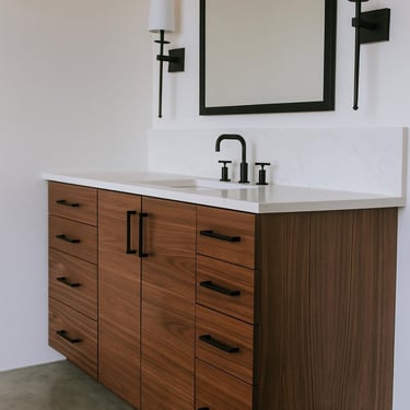 Modernist walnut book-matched single sink vanity 