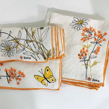 Vintage Vera Neumann Napkins Set of Four Flowers Orange Yellow Butterfly Daisy Placemats 1960s 