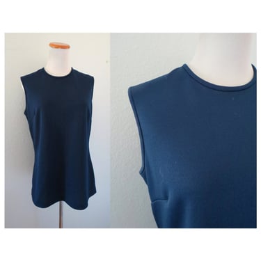 Vintage 60s Sleeveless Blouse Top Mod Navy Blue Shirt - Size Large 