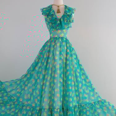 Stunning 1970's All Summer in a Day Green Floral Print Halter Maxi Dress / Medium