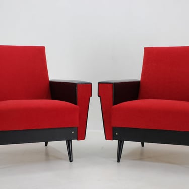 1970's Pair of Leatherette and Red Fabric Armchairs, Czechoslovakia / Vintage Armchairs / Black and Red / Set of Two Mid century Armchairs 