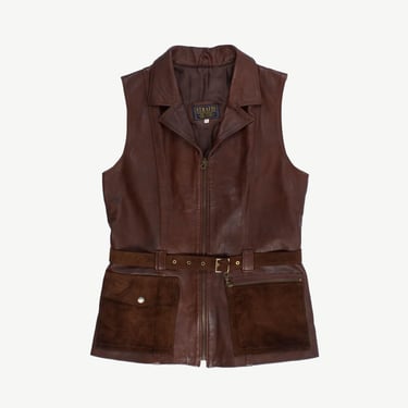 Chocolate brown real leather vest, womens vintage leather bodywarmer with suede detail - Medium 