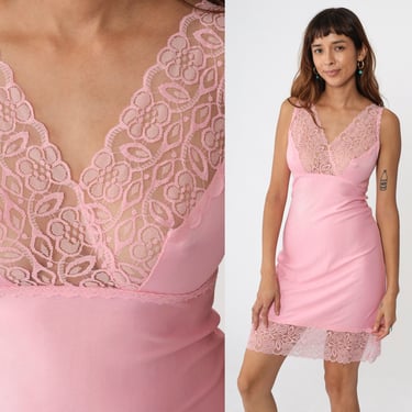 Pink Lace Slip Dress 70s 80s Nightgown Lingerie Mini Nylon Vintage 1970s Bubblegum Pink V Neck Empire Waist Full Slip Sexy Small 