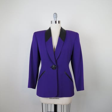 Vintage 1980s statement blazer purple leather trim Dynasty power suit 