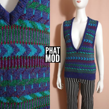 Nice Vintage 80s 90s Purple Green Metallic Stripe Woven Sweater Vest 