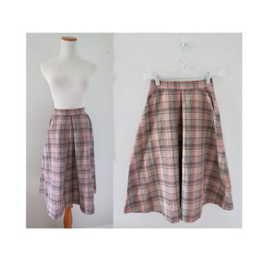 Vintage 70s Plaid Midi Skirt - Pink High Waisted A-line Skirt Fall Autumn Winter - Size XXS 