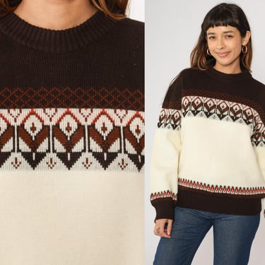 70s Cream Ski Sweater Boho Brown Geometric Fair Isle Inspired Striped Knit Sweater Vintage 1970s Bohemian Sweater Pullover Jumper Large 