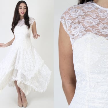 80s Ivory Floral Lace Dress / Vintage Hi Lo Mermaid Hem Deco Outfit / Retro Victorian Style Wedding Midi Maxi Gown 
