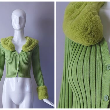 Retro Y2K Green Ribbed Knit Top with Removable Faux Fur Cuffs and Collar | retro 90s 1990s 2000s | 
