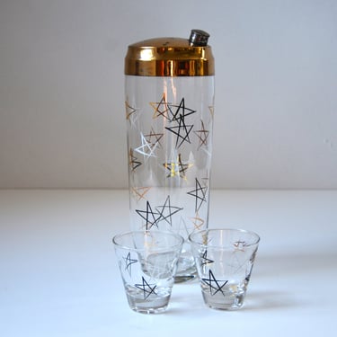 Vintage Glass Shaker with Star Pattern Graphics and 2 Matching Shot Glasses, Retro Barware 