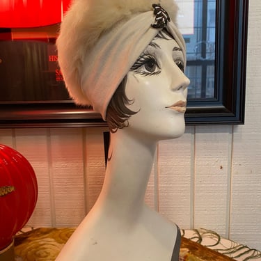 vintage 1940s cream turban rabbit fur hat jeweled 40 | Black  display picture 1