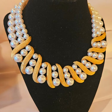 Vintage Napier Triple Strand Pearl and Gold collar Bib Necklace 
