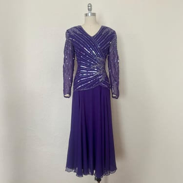 1980s Beaded Purple Silk & Rayon Blouse and Dress Set by Nite Line, Small to Medium | 80s Vintage 2-Piece Dress (S, M, 37-31-Free) 