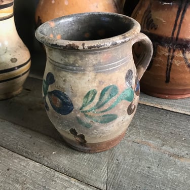 Antique Floral Pottery Jug, Pitcher, Vase, Folk Art, Rustic Terra Cotta, Hand Thrown, Hand Painted, 19th C, Rustic Farmhouse, Farm Table 