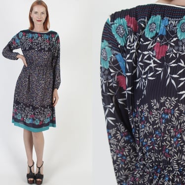 70s Cascading Floral Cocktail Dress, Sheer Navy Disco Lounge Outfit, Evening Party Lightweight Thin Dress 