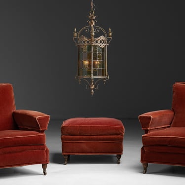 Velvet Club Chairs &amp; Ottoman / Stained Glass Lantern