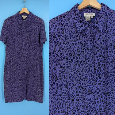 Y2K Adrianna Papell 14 Purple Silk Cheetah Print Short Sleeve Button Up Shift Dress 