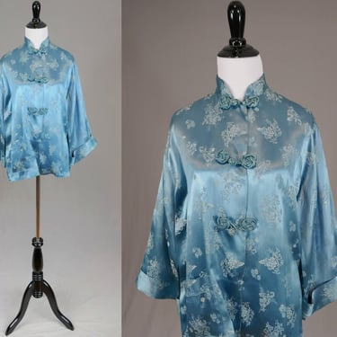 Vintage Cheongsam Top - Blue Floral Brocade Jacket - As Is - Tommies by Harry Berger - Frog Closure - L 