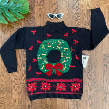 80s Christmas Sweater / 1980 Cotton Sweater / Wreath and Bows Sweater/ Bow Sweater / Christmas Part Sweater / Size S/M 