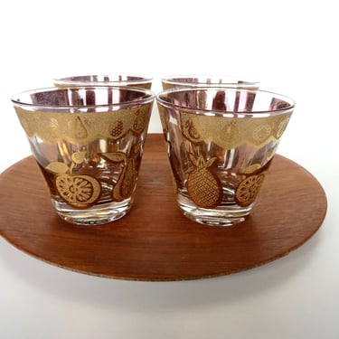 Set of 4 Culver Florentine Tapered Lowball Glasses, MCM Gold Fruit Tumblers, 1960s  22kt Gold Barware 