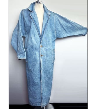 80's Long Blue Jean Denim Duster Coat Vintage 1980's Sun Belt Cotton Overcoat Hip Hop Jean Jacket 
