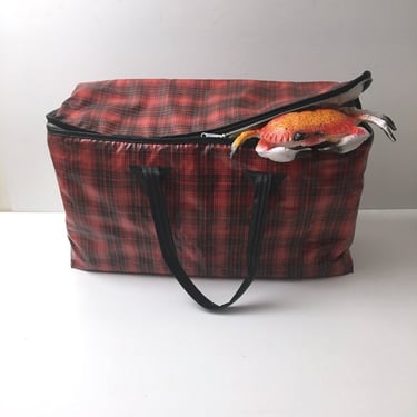 Red plaid vinyl cooler - 1960s vintage picnic tote 