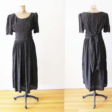 90s Black Rayon Midi Dress S M - Vintage 1990s Patterned Sundress - Karin Stevens - Romantic Cottagecore Long Vintage Dress 