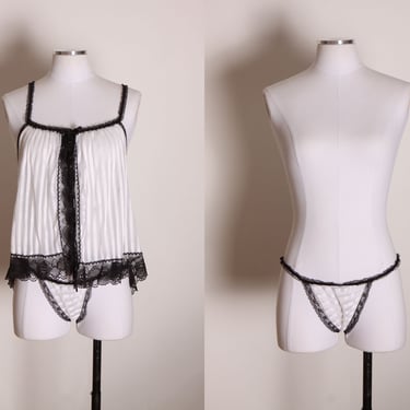 1970s White and Black Striped Thin Strap Pajama Night Top with Matching Bikini Panties by Sheer Magic 