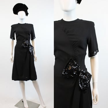 1940s rayon dress sequins small | vintage bow dress | new in 