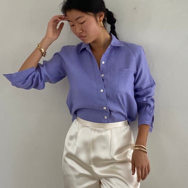 90s Irish linen blouse / vintage lavender pure linen cropped fagoting shirt blouse | Medium 