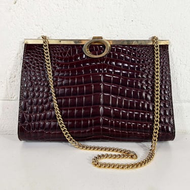 Vintage Handbag Bag Leather 1970s 1980s Purse Satchel Gold Chain Snap Kisslock Structured Evening Alligator Maroon Burgundy 
