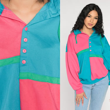 Color Block Sweatshirt 90s Half Button up Sweatshirt Blue Pink Green Sweater Retro Streetwear Shirt Slouchy Vintage 1990s 3xl xxxl 22w 