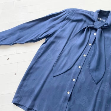 1980s Ralph Lauren Navy Equestrian Pussy Bow Blouse 