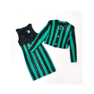 90s Vintage Black GREEN Striped Leather Dress by Michael Hoban North Beach// 90s Vintage Black White Leather Tank Sleeveless Dress XS Small 