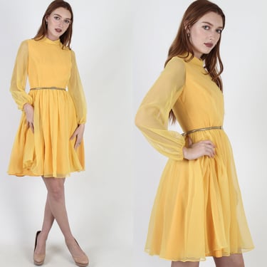 Vintage 60s Turmeric Chiffon Dress, Puff Sleeves Full Skirt, Mod Cocktail Party Mini Dress 