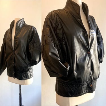 Vintage 80s Leather BOMBER Jacket / Puffy Pleat BATWING Sleeve / Wilson 
