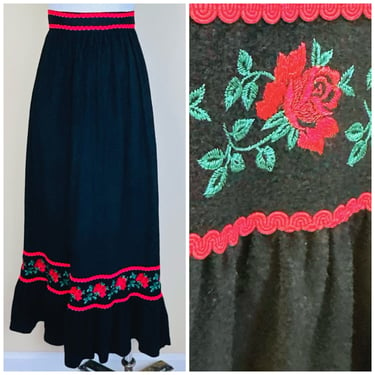 1970s Vintage Soft Fleece Black Ric Rac Maxi Skirt / 70s / Seventies Rose Embroidered Ruffled Folk Skirt / Size Small 