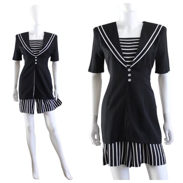 1990s Black & White Sailor Stripe Romper - 1990s Goth Romper - 90s does Victorian - Victorian Inspired Romper - 90s Jumpsuit | Size Medium 