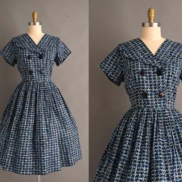 vintage 1950s Dress | Mode O' Day Crisp Cotton Full Skirt Black & Blue Shirtwaist Dress | Large 