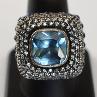 Big square 90's crystal & silver plate size 9.75 ring, edgy faux topaz gothic bling statement 