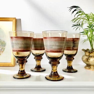 Tawny Brown Jumbo Wine Glass Goblets Set of 6 Ombre Vintage 70s Retro Curvy Glasses, Smoked Brown Glasses, Maximalist Water Goblets 12 oz 