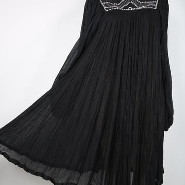 70s Vintage Indian Dress Black Boho Midi Dress with Sequins Sheer Cotton Summer Festival 