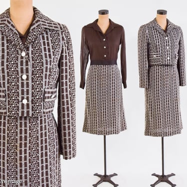1960s Brown Embroidered Dress Jacket Set | 60s Brown White Print Dress & Jacket Set | Medium 
