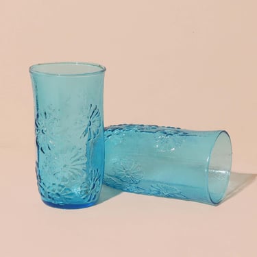 Vintage Anchor Hocking Glass Daisy Blue Glasses, Vintage Blue Tumbler 
