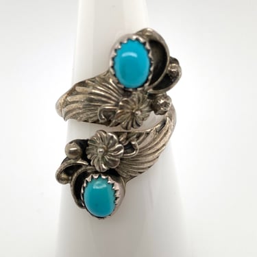 Vtg Artisan 2 Stone Turquoise Sterling Silver Wrap Ring Sz 6.5 Flowers Feathers 